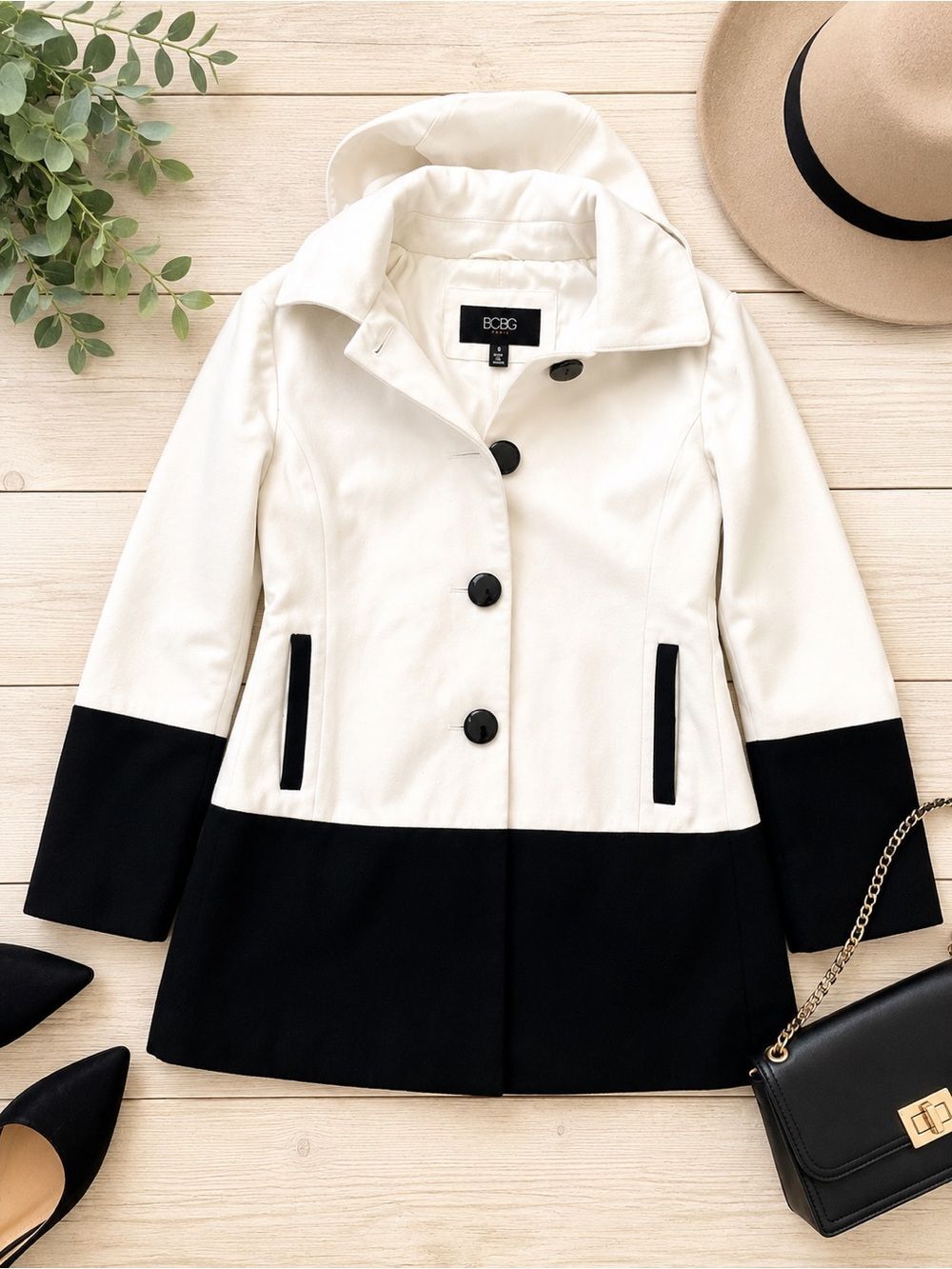 BCBG Paris Black and White Colorblock Hooded Peacoat | Size Small